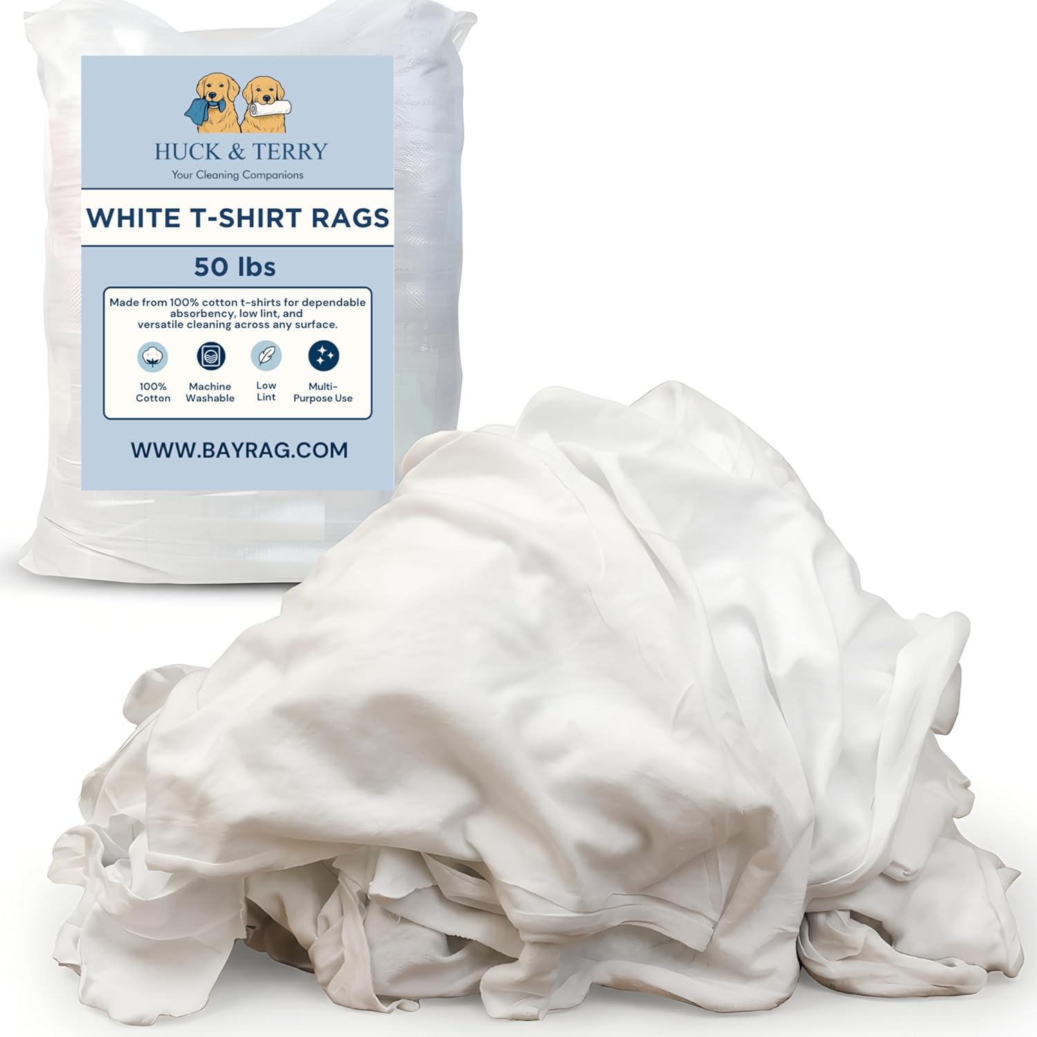 Huck & Terry Tshirt Bag of Rags White, New, 100% Cotton, Paint Rags and Multipurpose, Kitchen, Auto, Staining Cloth, Shop Towels Bulk, Lint Free Absorbent Washable 18 x 18 in (50 LBS)