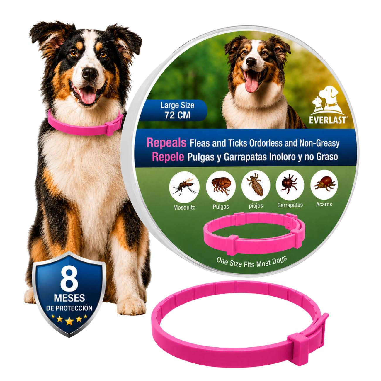 Tempotech Collare Antiparassitario per Cane e Gatti - 8 Mesi di Protezione - contro Pulci, Zecche, Zanzare, Acari e Pidocchi - 72 cm 100% naturali - 1 Unità Rosa