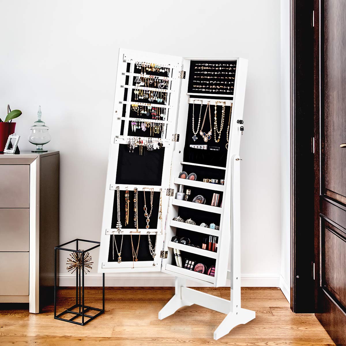 COSTWAY Armoire à Bijoux sur Pied avec Miroir Psyché, Meuble de Rangement et Présentoir Cosmétiques avec Porte Verrouillable, 4 Angles d'Inclinaison, Grande Capacité, 41 x 36,5 x 146 cm (Blanc)