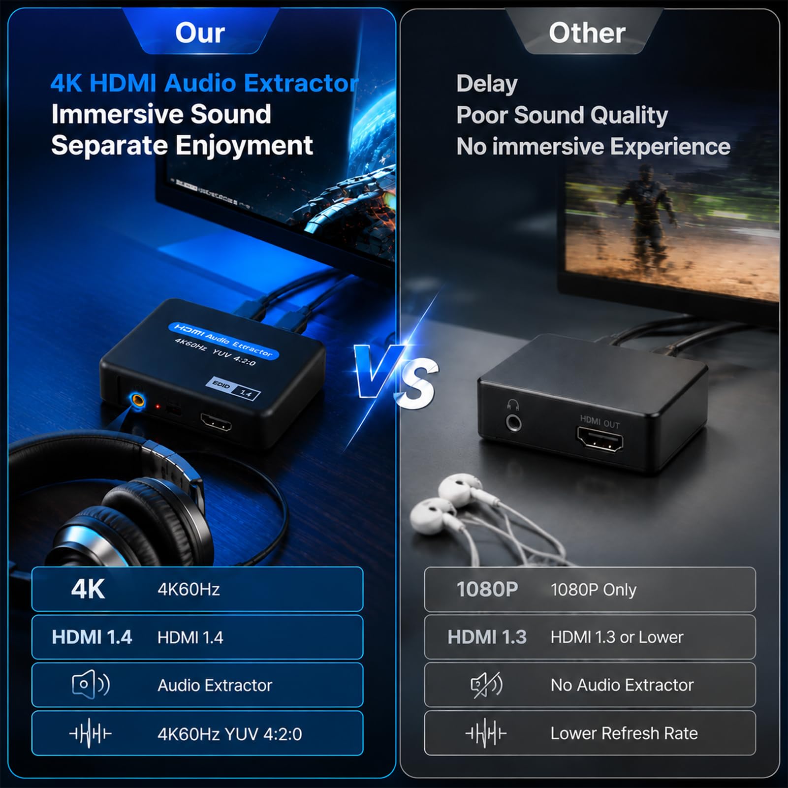 HDMI Audio Extractor, Optical SPDIF Audio Splitter Toslink + 3.5mm Ausgang, 4K 60Hz Konverter Adapter für Fire TV Stick PS5 Xbox PC Laptop, EDID Umschaltung, für Soundbar und Verstärker