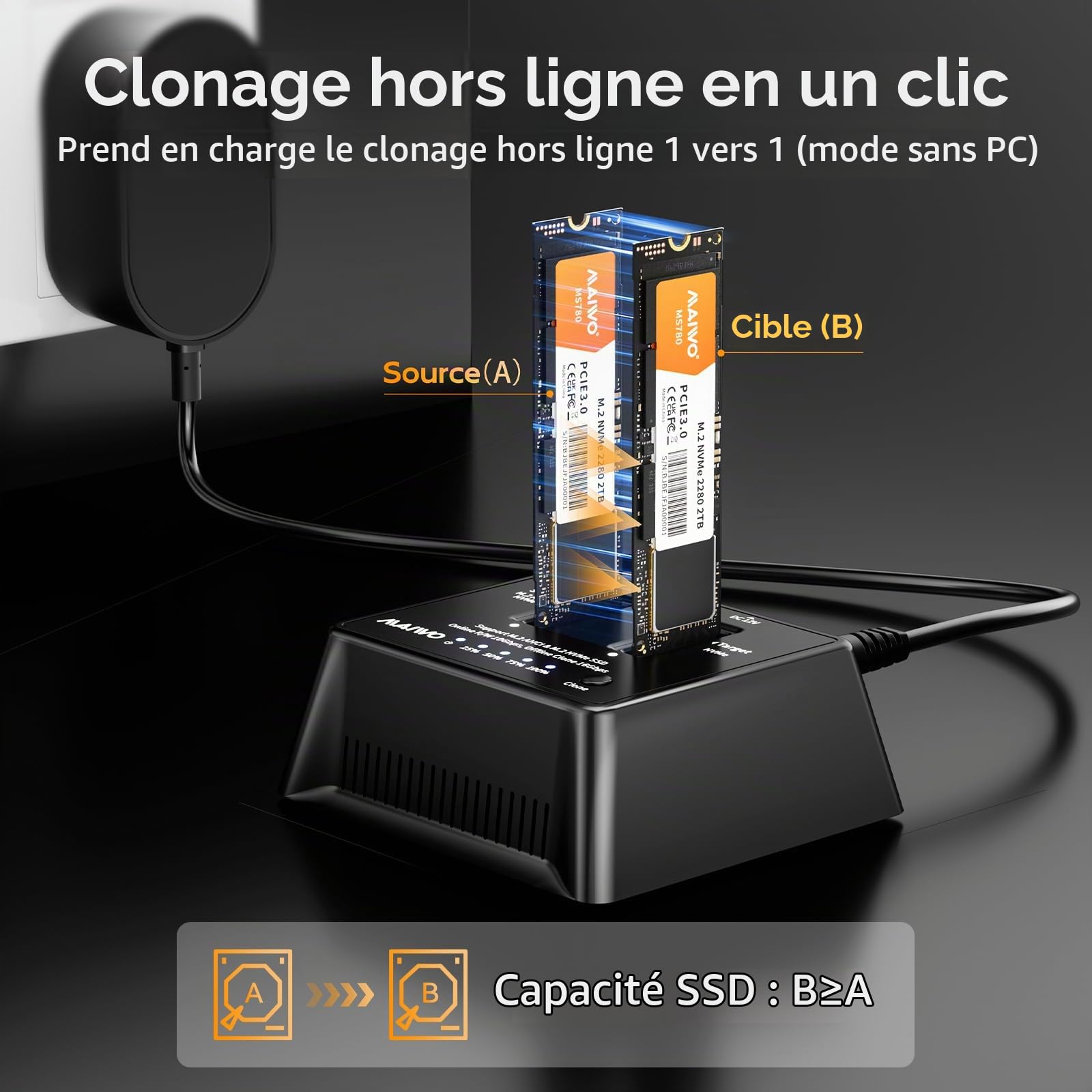 Cloneur et duplicateur de SSD NVMe M.2,20 Gbps clonage hors ligne via USB 3.2 Gen 2, boîtier NVMe à deux baies prenant en charge jusqu'à 16 To pour les SSD M.2 2230/2242/2260/2280/22110
