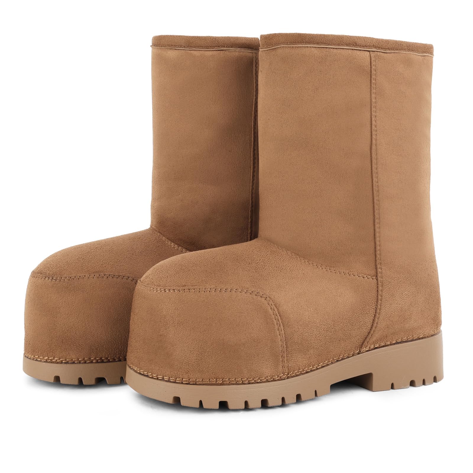 Platform Snow Boots for Women Suede Hippy Fur Boots Mid Calf Slip On Round Toe Winter Booties Comfortable