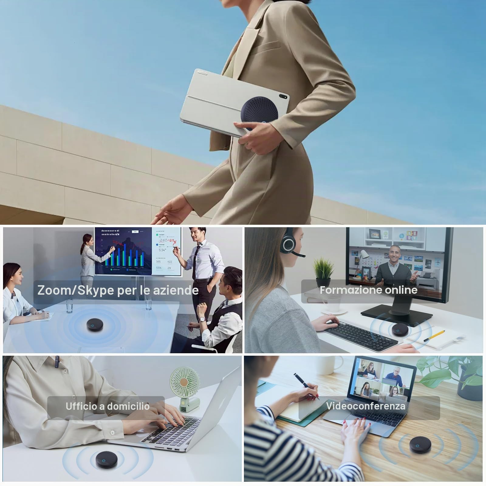 Altoparlante per Conferenze Wireless con 10 Microfoni Lavalier, Cancellazione Rumore AI, 360° di ricezione vocale, Compatibile con Zoom/Teams/Skype, per Webinar e Smartworking
