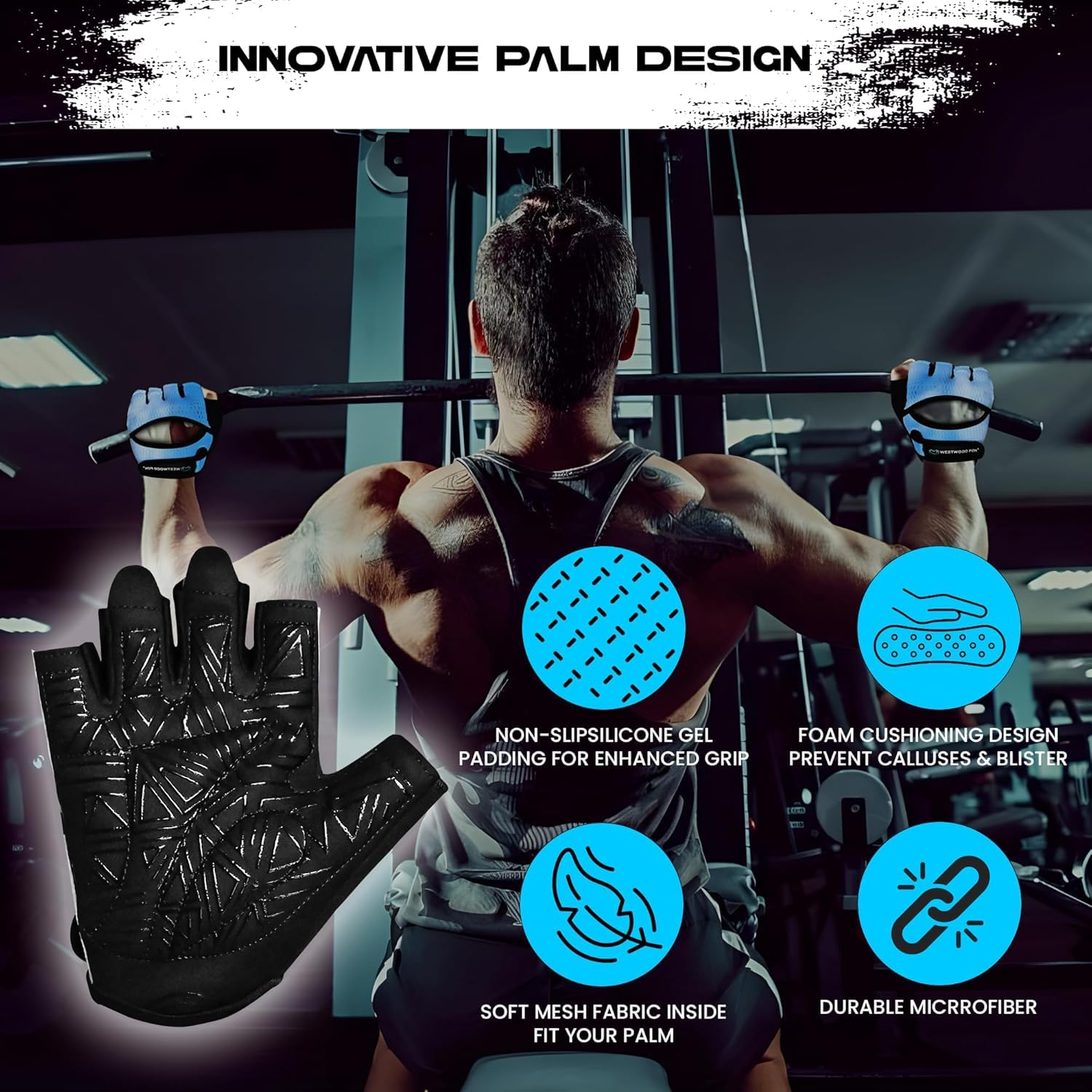 WESTWOOD FOX Guanti da palestra ventilati per sollevamento pesi con imbottitura spessa e protezione palmo