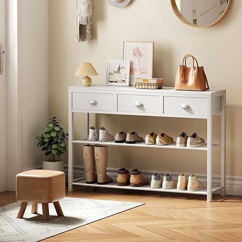 Miniatura 7 de Furologee Mesa de entrada blanca, mesa de sofá consola de 38 pulgadas con 3 cajones de tela, mesa de entrada industrial con estantes de