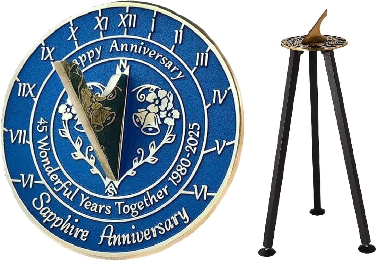 '45th Sapphire Wedding Anniversary' in 1980-2025 Brass Home Decor Sundial | Garden Present Idea for Couple Him Her Parents Handmade Anniversary 45 Year Celebration Sundial 10" Blue