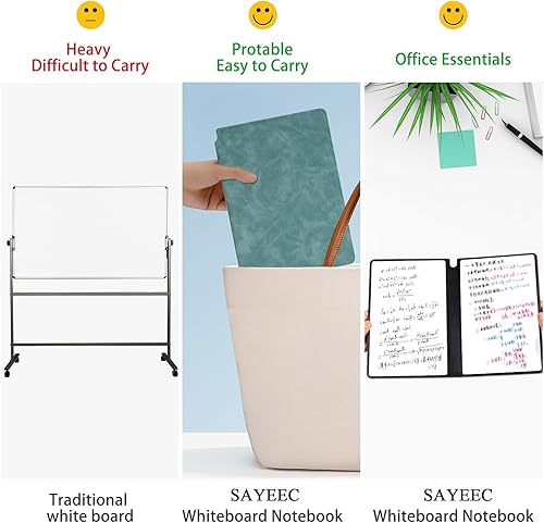 Miniatura 5 de SAYEEC Cuaderno de pizarra blanca, pizarra portátil de borrado en seco con marcador de doble punta, cubierta de poliuretano negra borrable, pizarra