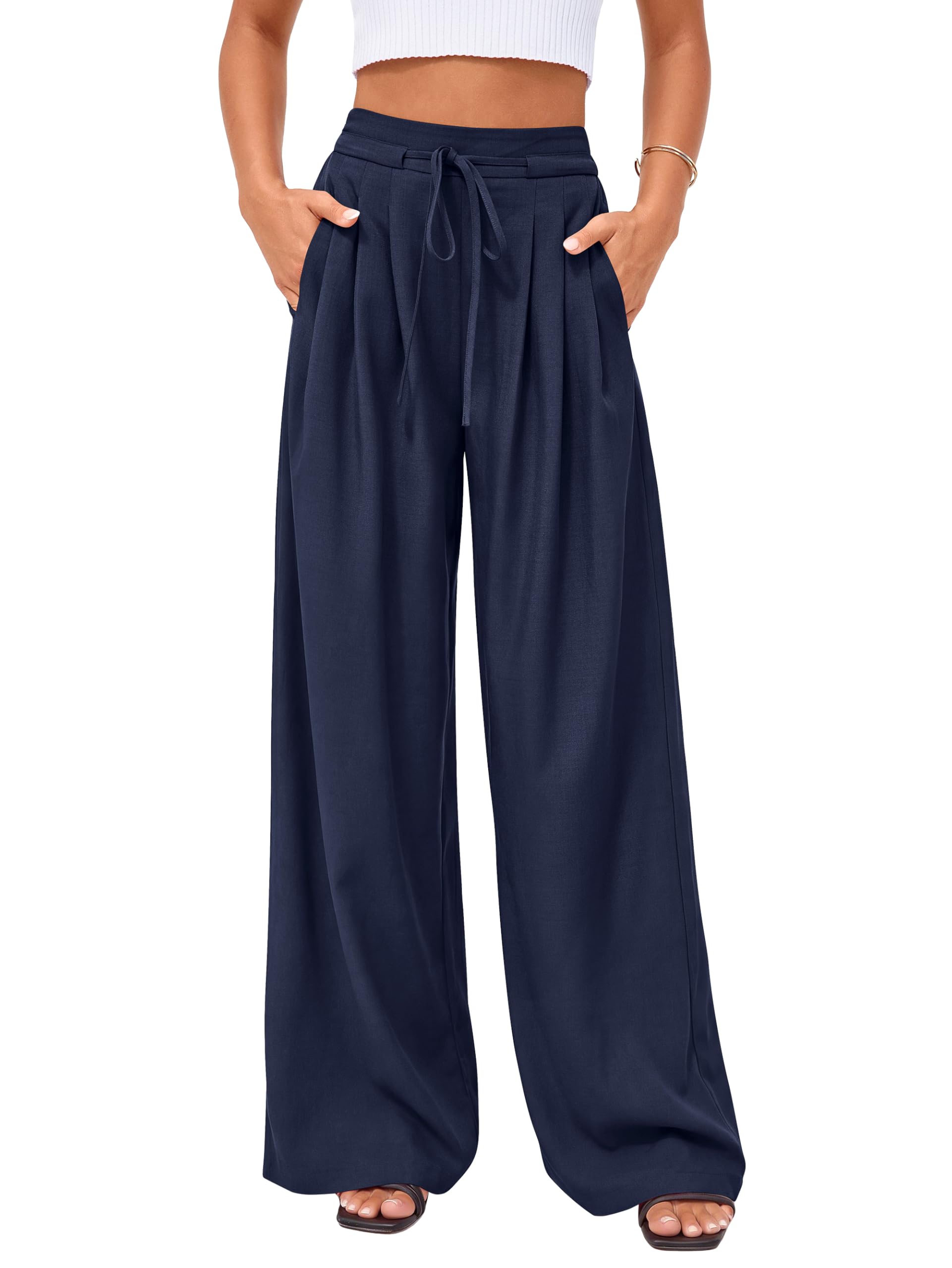 PRETTYGARDEN Womens Spring Wide Leg Dress Pants Business Casual Work High Waist Baggy Tie Trousers Pleated Palazzo Slacks