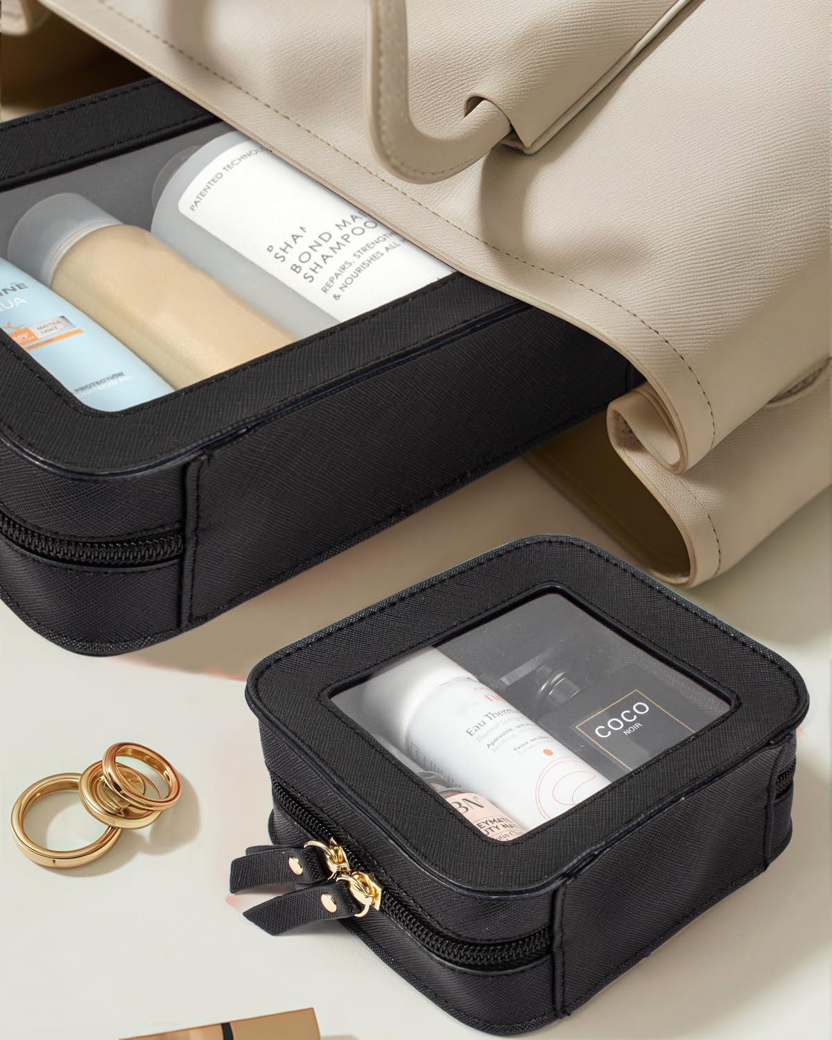 KOTORA Clear Makeup Bag Set for Women Portable Clear Make up Bag Cute Waterproof Travel Cosmetic Bag Toiletry Bag for Car Essentials Bag (Black) - Image 5