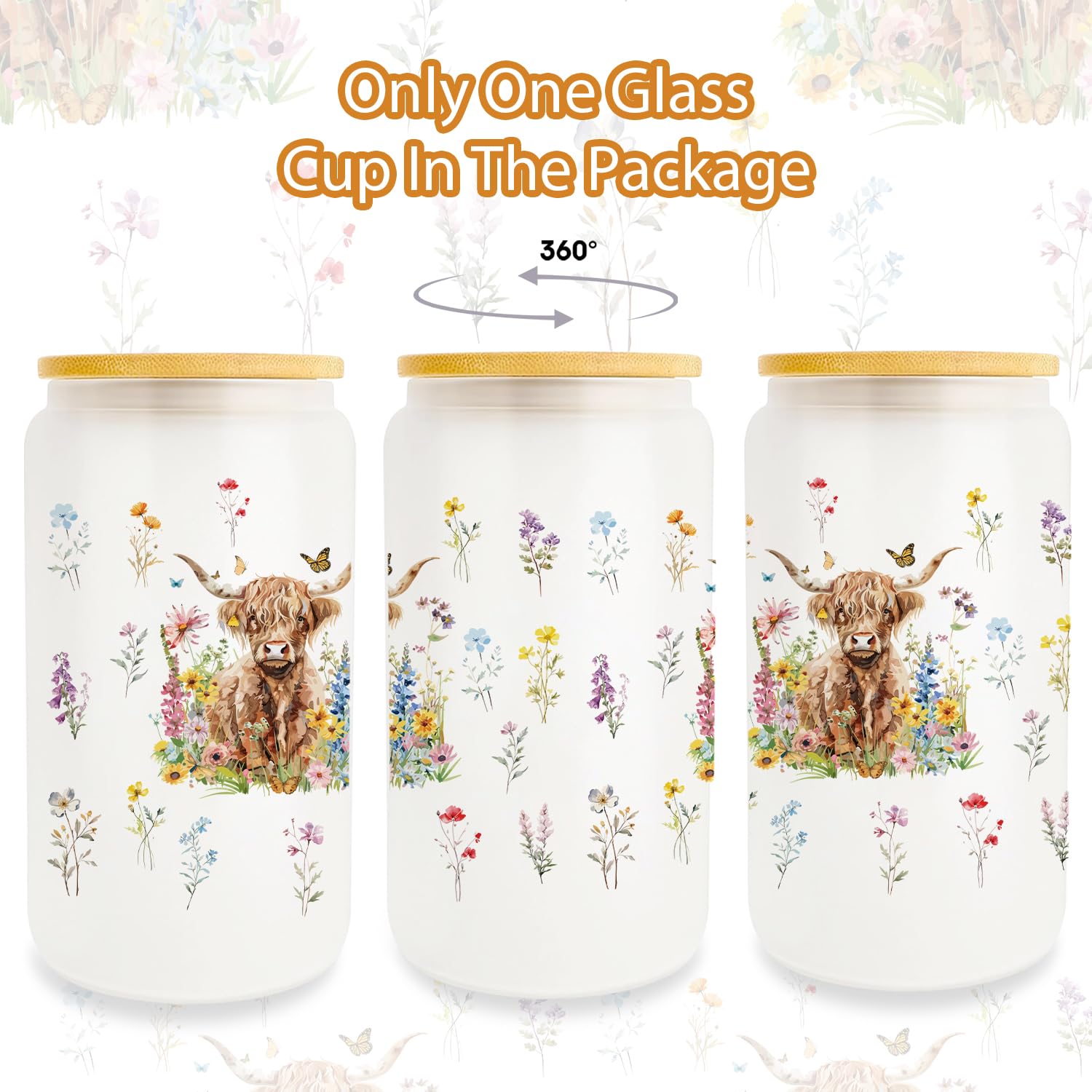 Pfkfo Highland Cow Glass Cups, 16 oz with Lids and Straws - Highland Cow Gifts for Women, Iced Coffee Cup Set