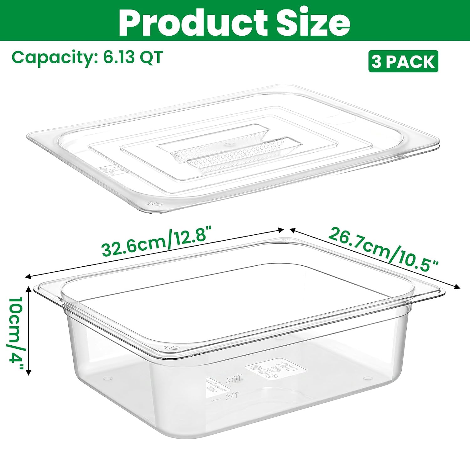 3 Pack Clear PET Food Pans with Lids, 1/2 Size 4" Deep, Stackable Reusable image 2