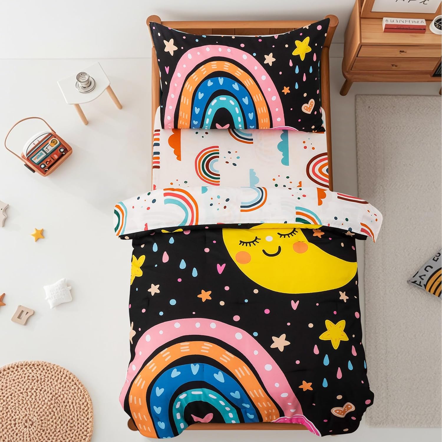 Btargot 4 Pieces Ultra Soft Toddler Bedding Set, Cartoon Love Hearts and Rainbow Moon Pattern Comforter Sets for Baby Girls Kids, Black