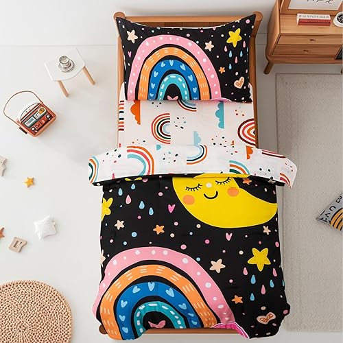 Btargot Juego de ropa de cama ultra suave de 4 piezas para niños pequeños, juegos de edredón de corazones de amor de dibujos animados y luna Negro
