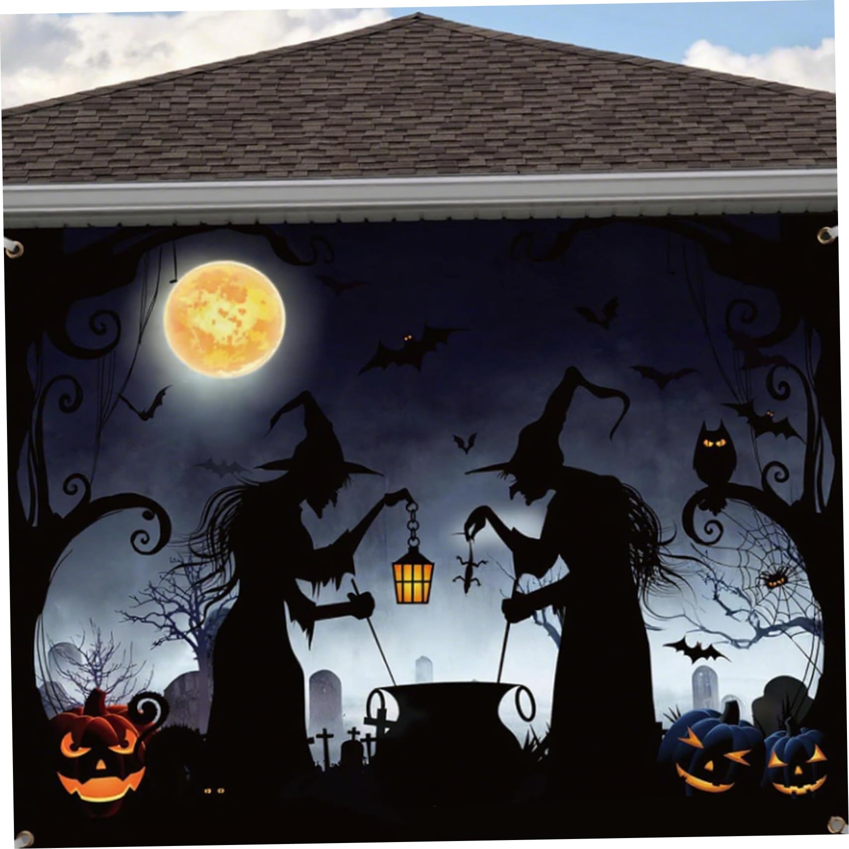 Striegro Halloween Garage Door Cover, 13x6ft, with Hooks, Witch Print..