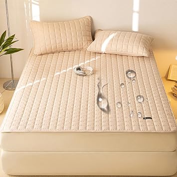 Queen Size Waterproof Mattress Protector Bed Cover with 4 Corner Elastic Band Quilted Mattress Pad Topper Soft Floor Mattress Cover Breathable for Student Dormitory,A/Brown,180X200cmKing