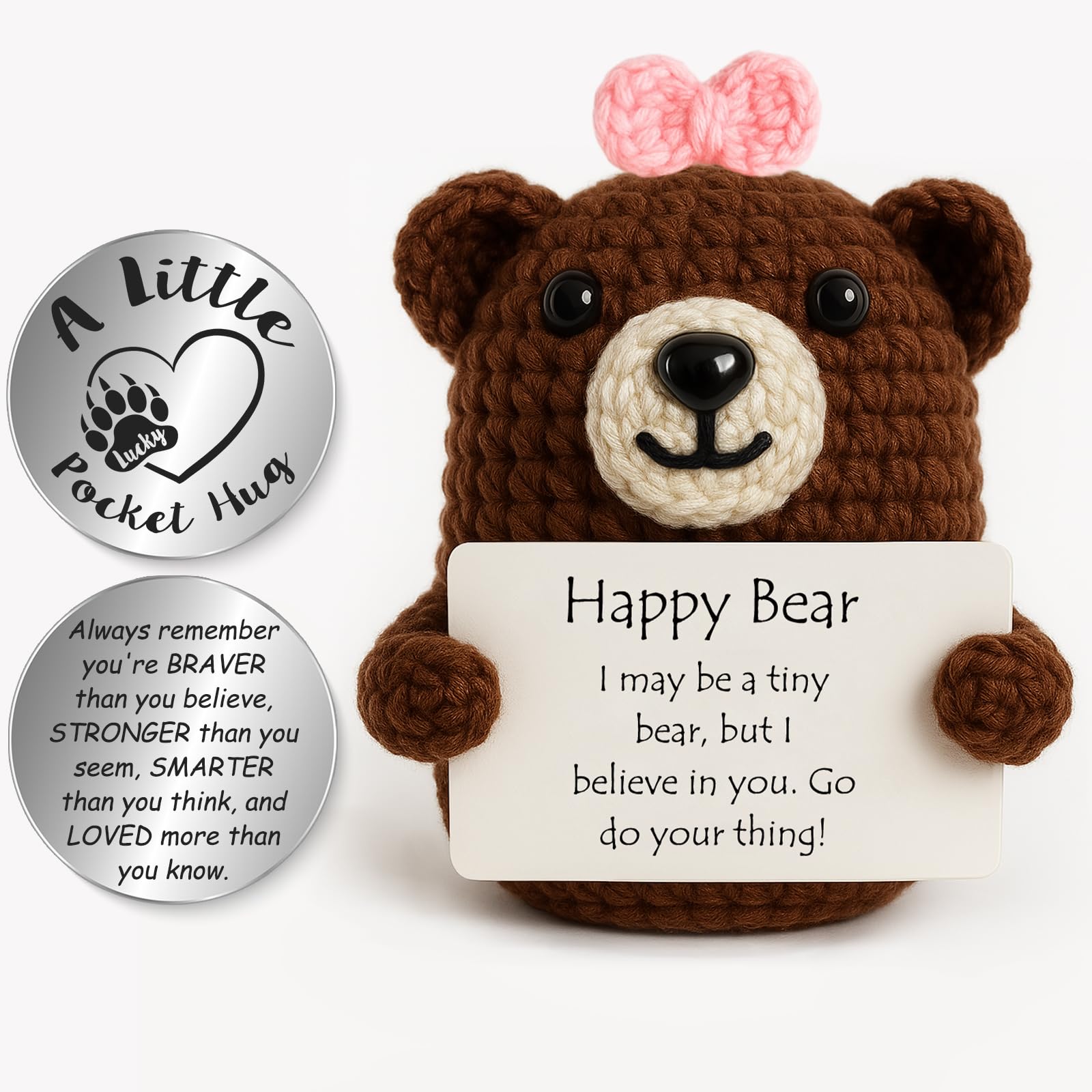 Tixlux Happy Bear Gifts, Handmade Crochet Positive Cute Knitted Bear, with Pocket Hug Lucky Charm, Good Luck | Emotional Support | Get Well Soon | Encouragement | Birthday Gifts for Women Men -Brown — image 1