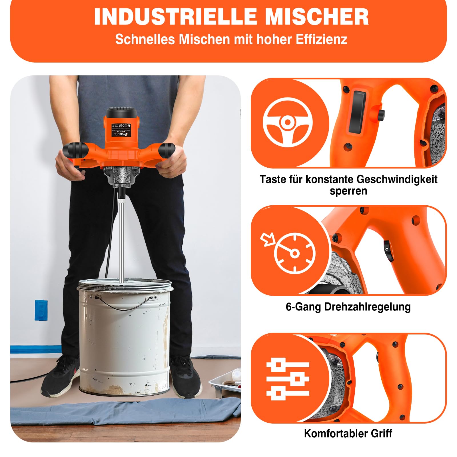 Mélangeur orange 2600 W pour peinture, béton, mortier, plâtre, colle et ciment, avec 6 vitesses, fonction de démarrage doux, interrupteur verrouillable, vitesse de rotation 0-1700 tr/min, avec - 2