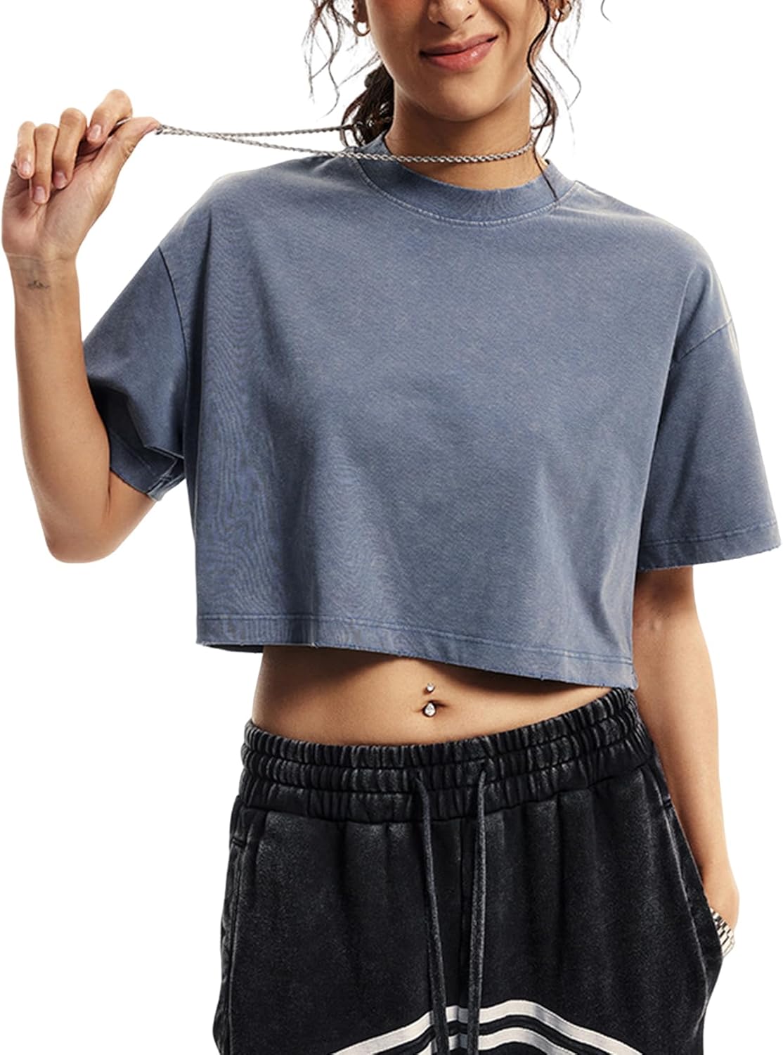 Wyeysyt Womens Cropped T Shirts Vintage Oversized Cotton Tees Short Sleeve Casual Streetwear Washed Basic Tee Tops