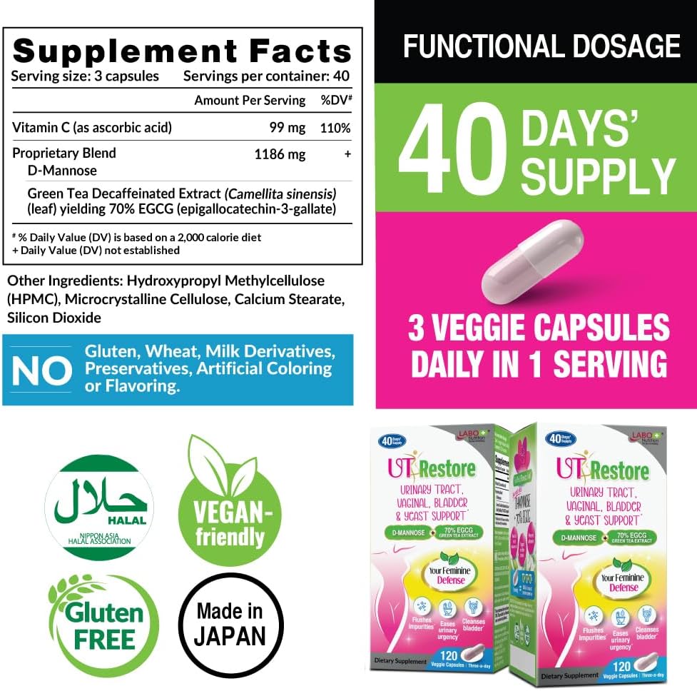 LABO Nutrition UTRestore D-Mannose & Green Tea Extract 70% EGCG, Urinary Tract Health for Women, Bladder Support with Vitamin C, 40 Days Supply, Vegan, Fast-Acting, Flush, Cleanse, Halal Certified