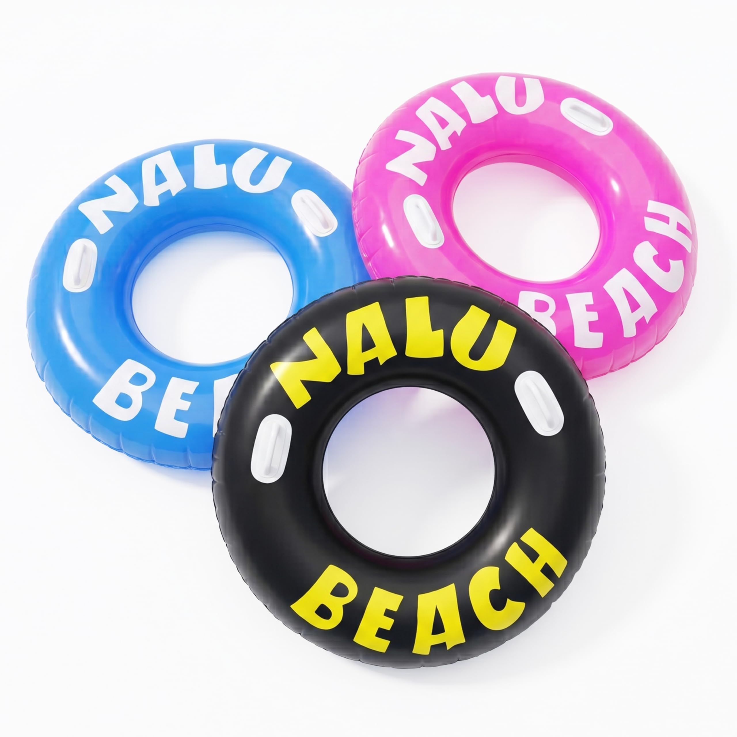 GEEZY Set of 3 Inflatable Turbo Tyre Swim Ring 47" (119cm) - Large Black, Blue & Pink Pool Floats with Handles & Repair Patches - Beach Rubber Rings & Swimming Pool Inflatables for Adults & Kids