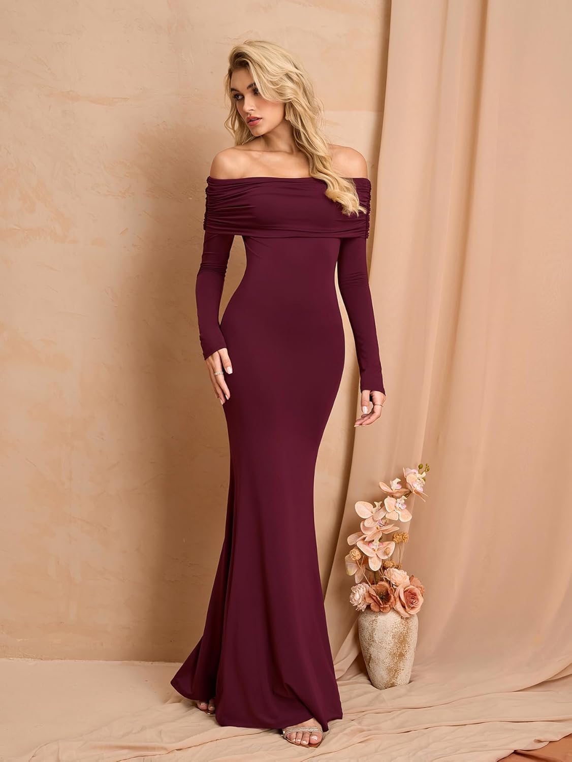 Women Off The Shoulder Long Sleeve Maxi Dress Ruched Bodycon Winter Formal Wedding Guest Dresses - Image 4