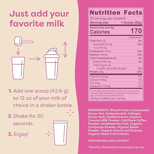 Miniatura 5 de Polvo de proteína de suero de FlavCity alimentado con pasto - Vainilla Latte - 25g de proteína, 10g de colágeno y 60mg de cafeína - Hecho con vaina