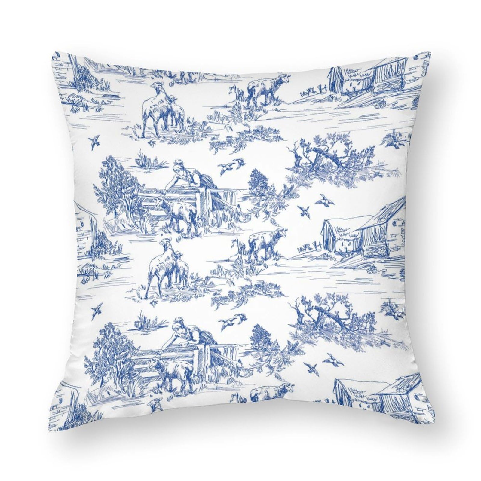 NIBABAEU Cushion Covers 1 PCs Toile De Jouy Countryside Life Sheeps Blue Decorative Pillow Covers 12"x12" Soft Polyester Square Pillow Cases Sofa Couch Bed Pillowcases