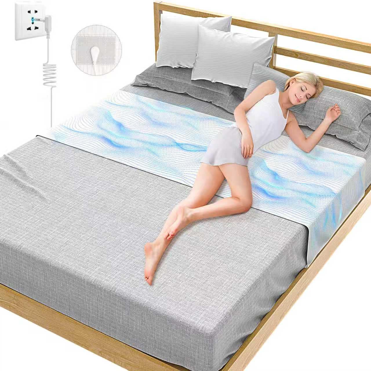 Draps de sol pour lit, 92 % coton bio + 8 % fibre d'argent pur, profitez de l'effet d'ancrage à l'intérieur, pour un meilleur sommeil, soulagement de la douleur et du stress, ensemble de tapis de sol
