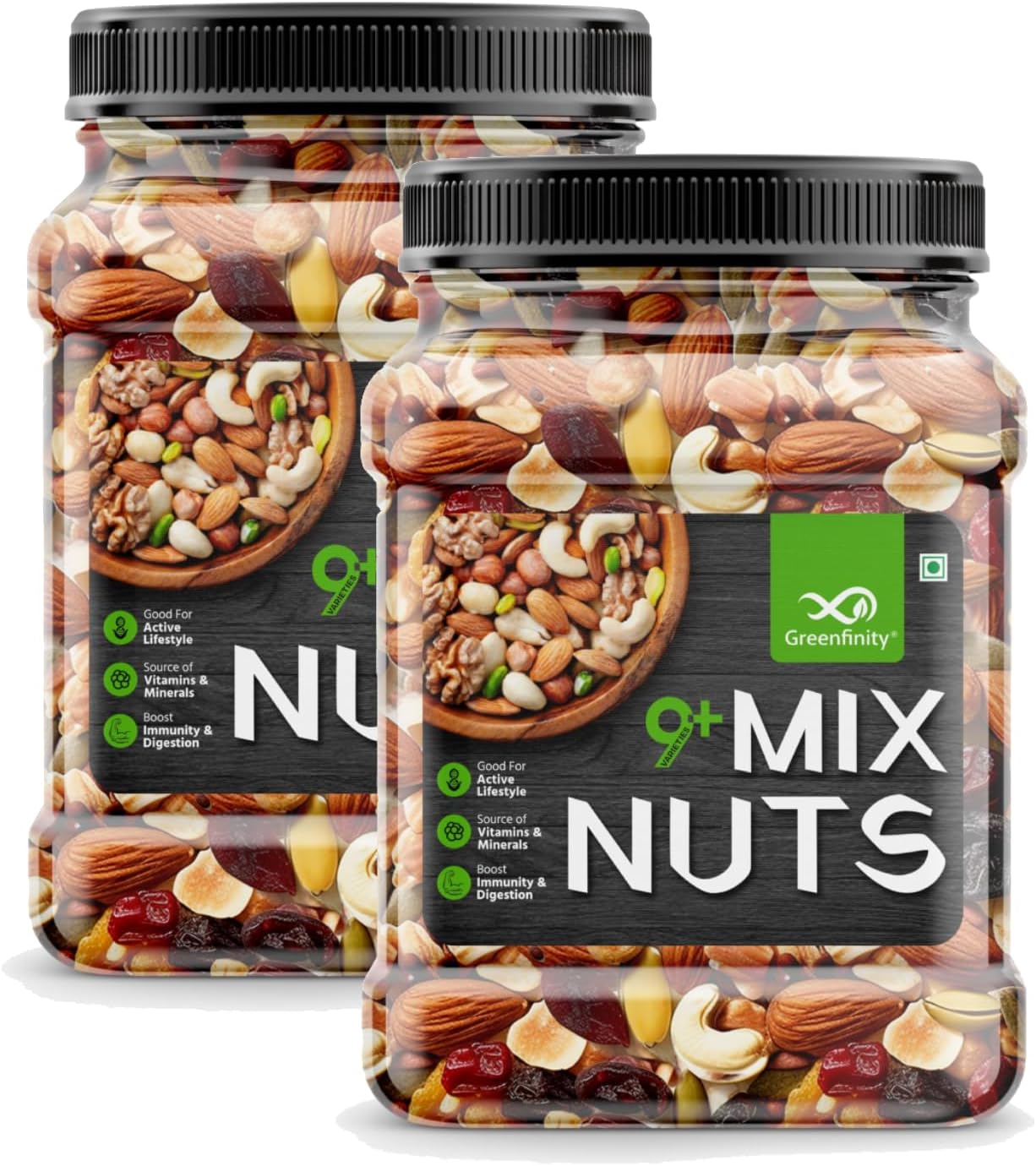 GreenFinity Ultimate Healthy Nutmix Jar Pack - 1kg (2 x 500g) | Premium Blend of Dried Almonds, Cashews, Black & Green Raisins, Cranberries & More | Nutrient-Rich Snack for Wellness.