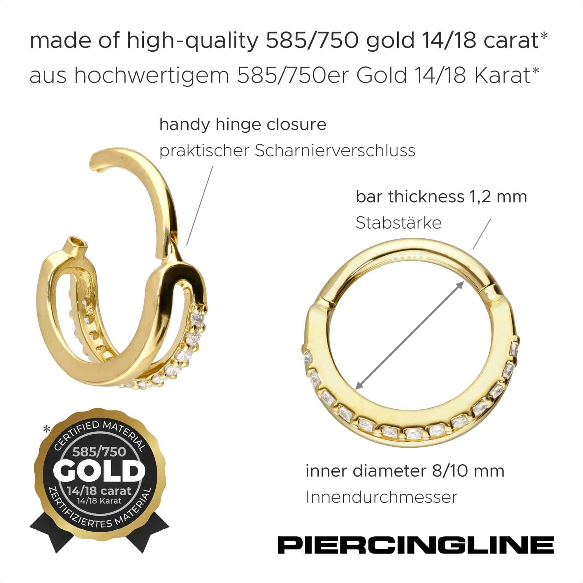 PIERCINGLINE Piercing Ring 14K Gold Segmentring Clicker EINGEFASSTE MOISSANITE + DOPPELRING 585er Gold - Goldfarben