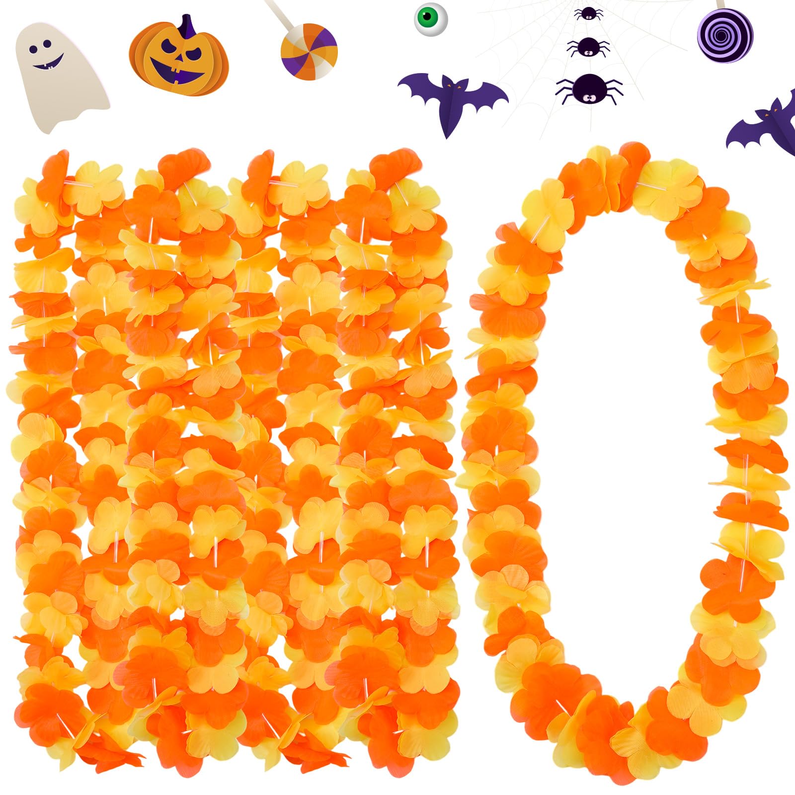 32 Pcs Hawaiian Leis Flower Leis Luau Party Decorations Halloween Tropical Lei Yellow Orange Necklace Garland Wreaths for Summer Holiday Halloween Aloha Day of The Dead Party Supplies, 41.34''