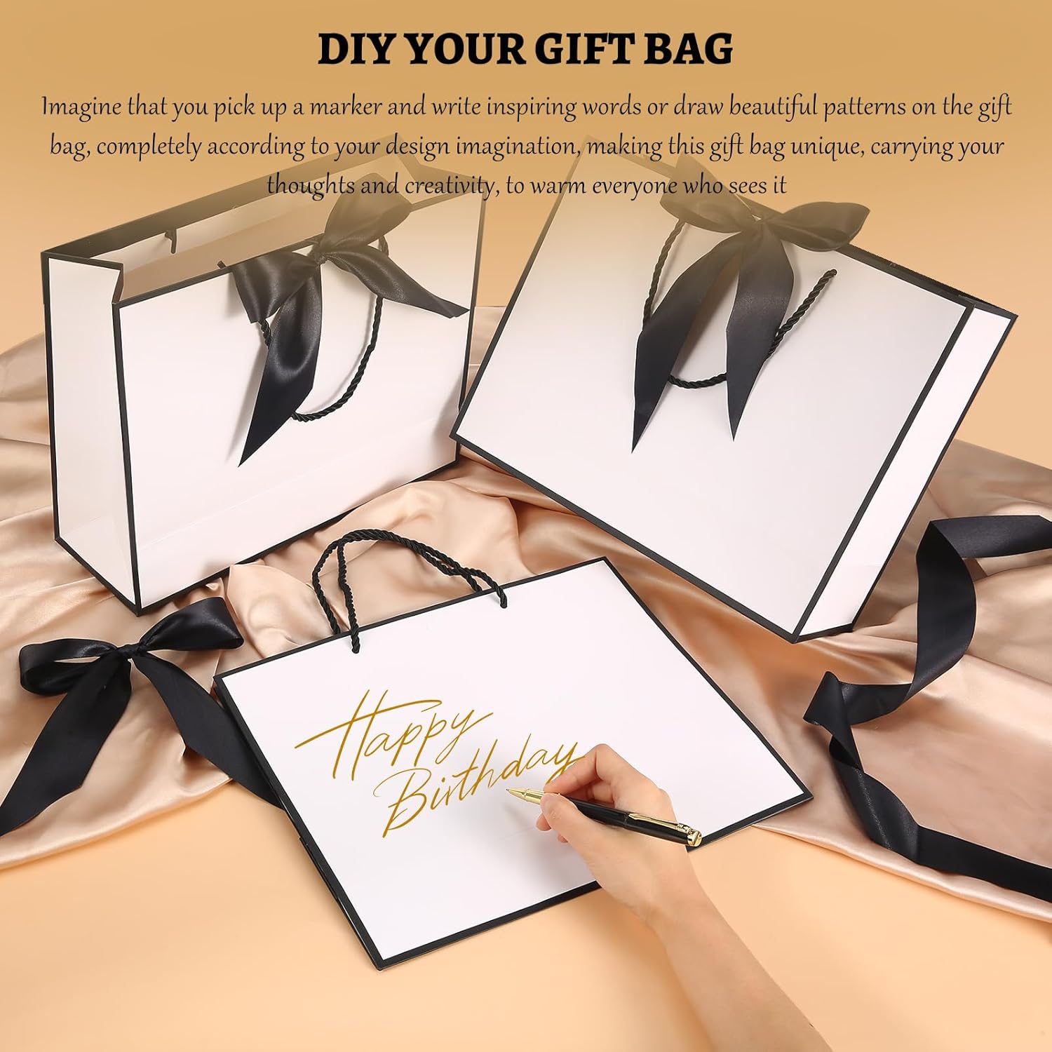 24 Pcs Gift Bags With Handles 12.6x9.8x 4.3in Medium Large Gift Bag with Bow Ribbon Portable Paper Bags for Wedding Thanksgiving Christmas Birthday Housewarming Gifts Bridesmaid Gift Bag White-Black - Image 4