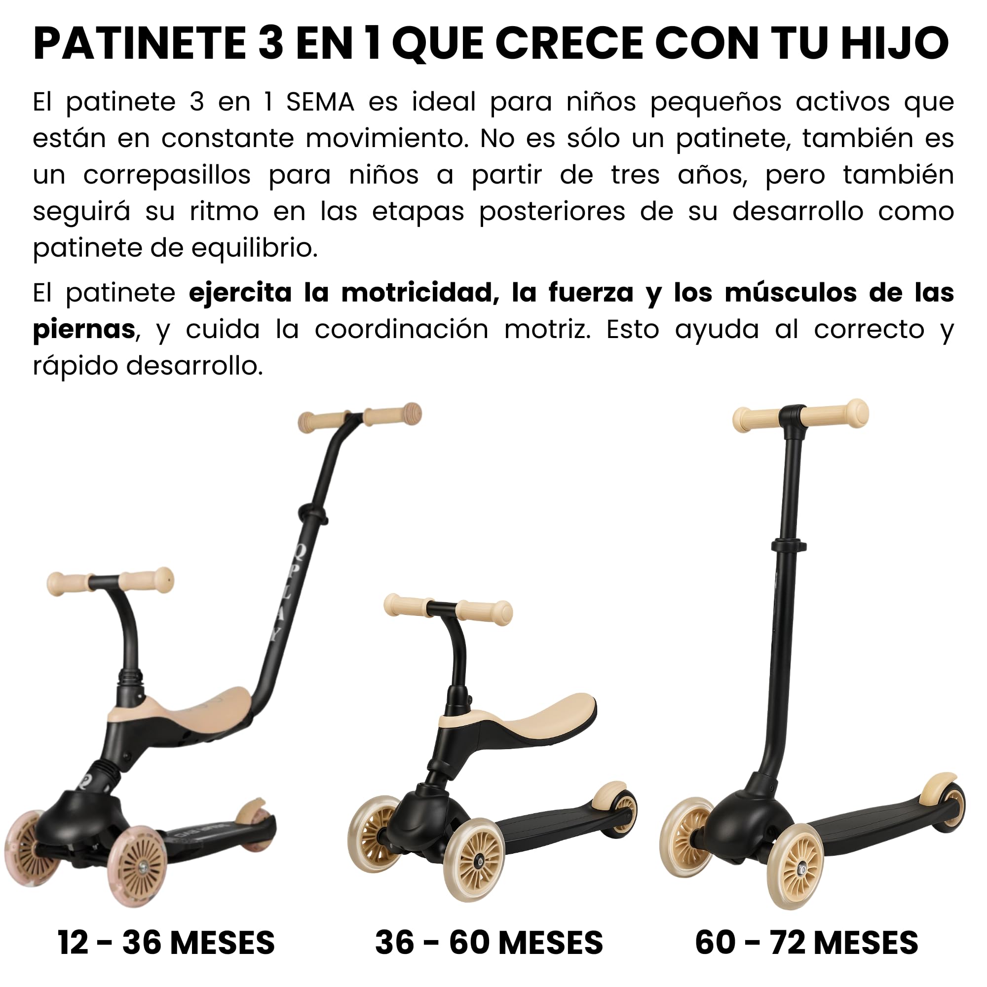 Qplay SEMA Patinete 3 en 1 para Niños, Correpasillos y Patinete Evolutivo, Modo Empuje Parental, Manillar Ajustable, Ruedas de Goma Sin Pinchazos, Freno Trasero, 36-72 Meses