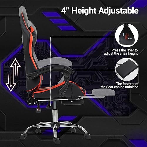 Vista 4 de Silla de masaje para juegos con reposapiés, silla ergonómica de videojuegos para adultos y niños, reposacabezas ajustable y soporte lumbar