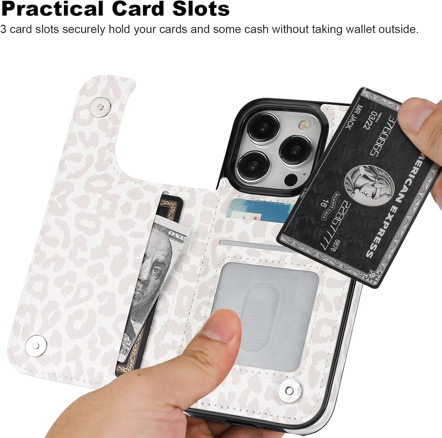 HAOPINSH iPhone 15 Pro Case Wallet with Card Holder, White Leopard Cheetah Pattern PU Leather Kickstand Case for Women, Double Magnetic Clasp, 6.1" - Image 3