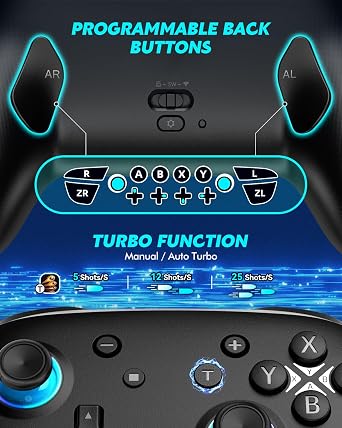 Switch Controller, Wireless Bluetooth Controller for Nintendo Switch 2/Switch/Lite/OLED, game controllers Compatible with iPhone/Mac/iPad/iOS/Android/Phone/PC/Steam and TV with Rotary Motors, RGB Hall Effect Joysticks/Macro Back Buttons/Turbo Modes/6-Axis/Motion/Wake up (Black)