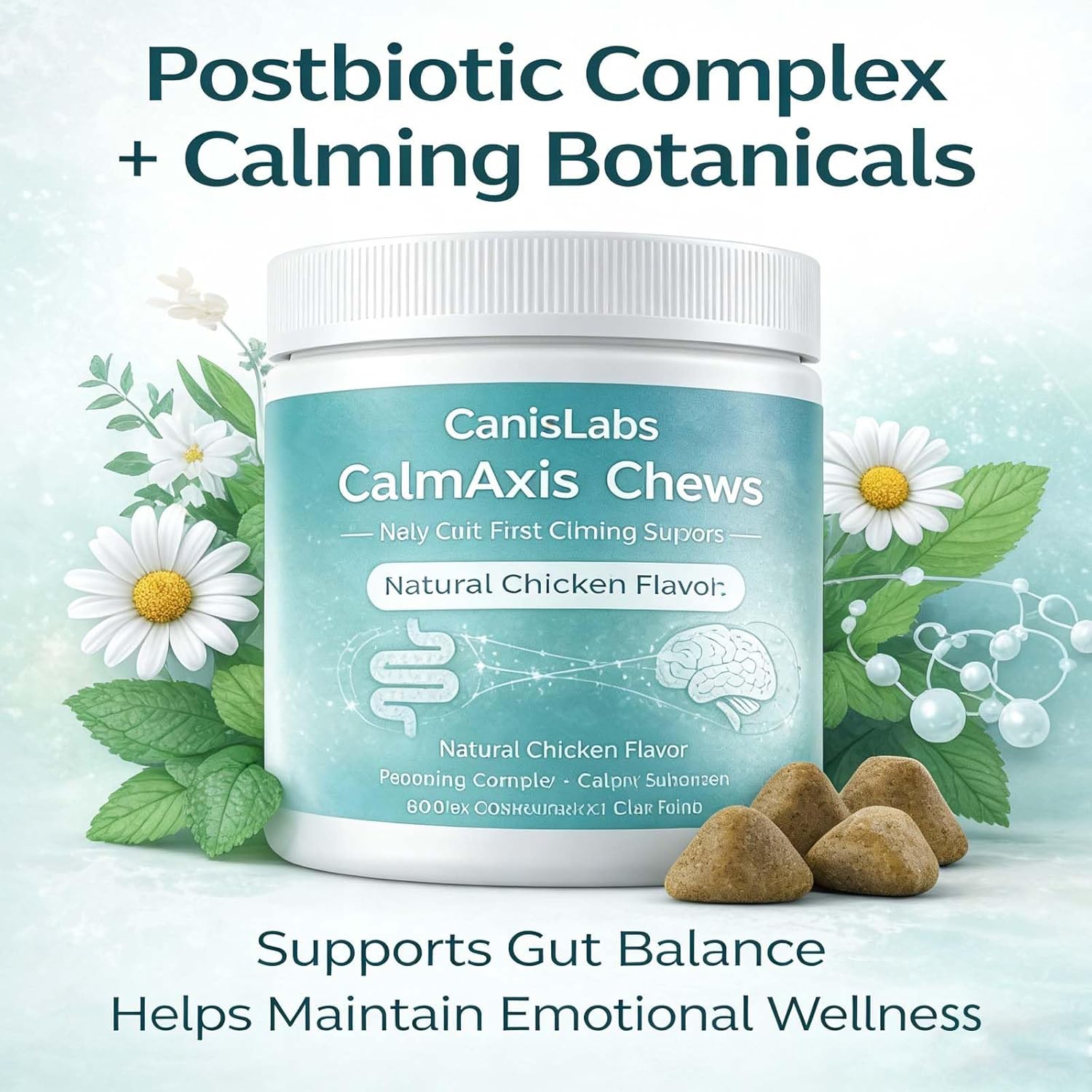CalmAxis Calming Chews for Dogs – Gut-Brain Support with Postbiotic Complex & Natural Botanicals, Helps Promote Relaxed Behavior, Daily Stress Support, Chicken Flavor Soft Chews, 60 Count