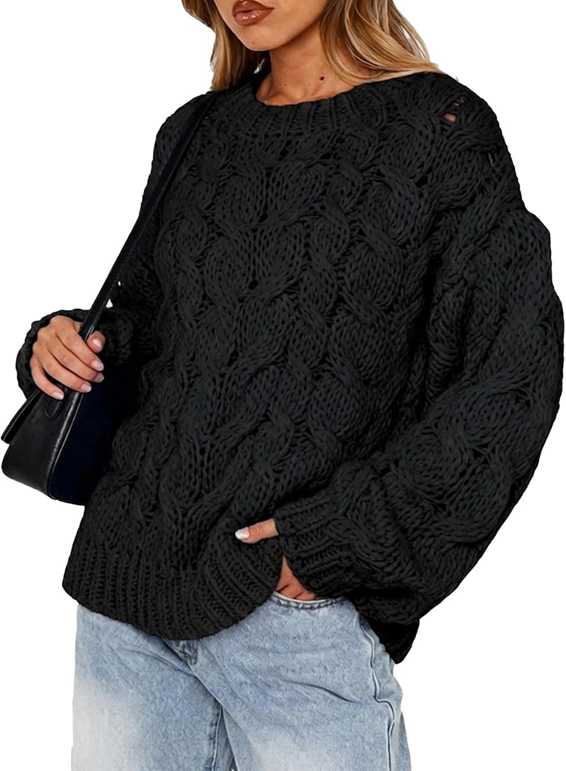 YUNLORIA Women's Oversized Chunky Cable Knit Sweater Long Sleeve Crew Neck Crochet Fall Pullover Tops