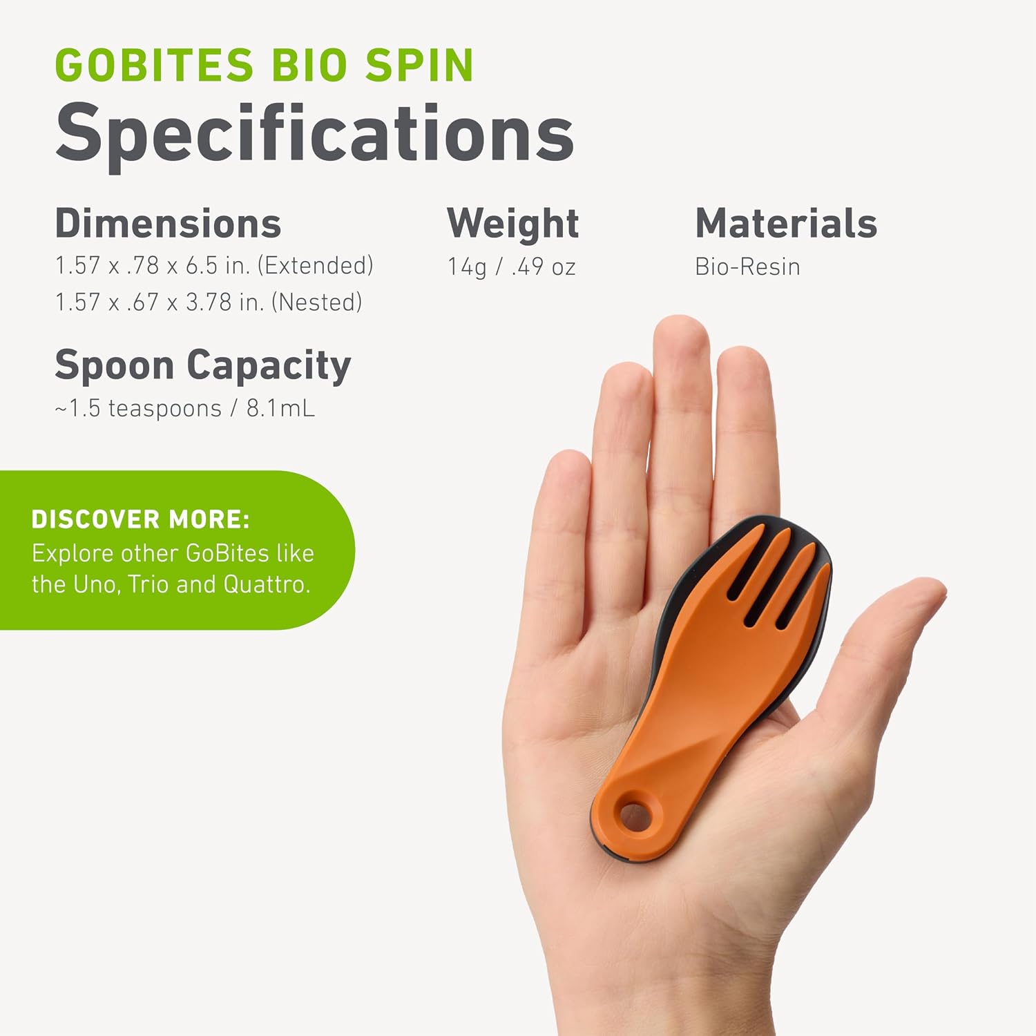 humangear GoBites Bio Spin - Compact Folding Spork for Travel, Camping & Everyday Carry - BPA-Free Bio-Based Utensil with Carabiner Hole, Dark Gray/Orange