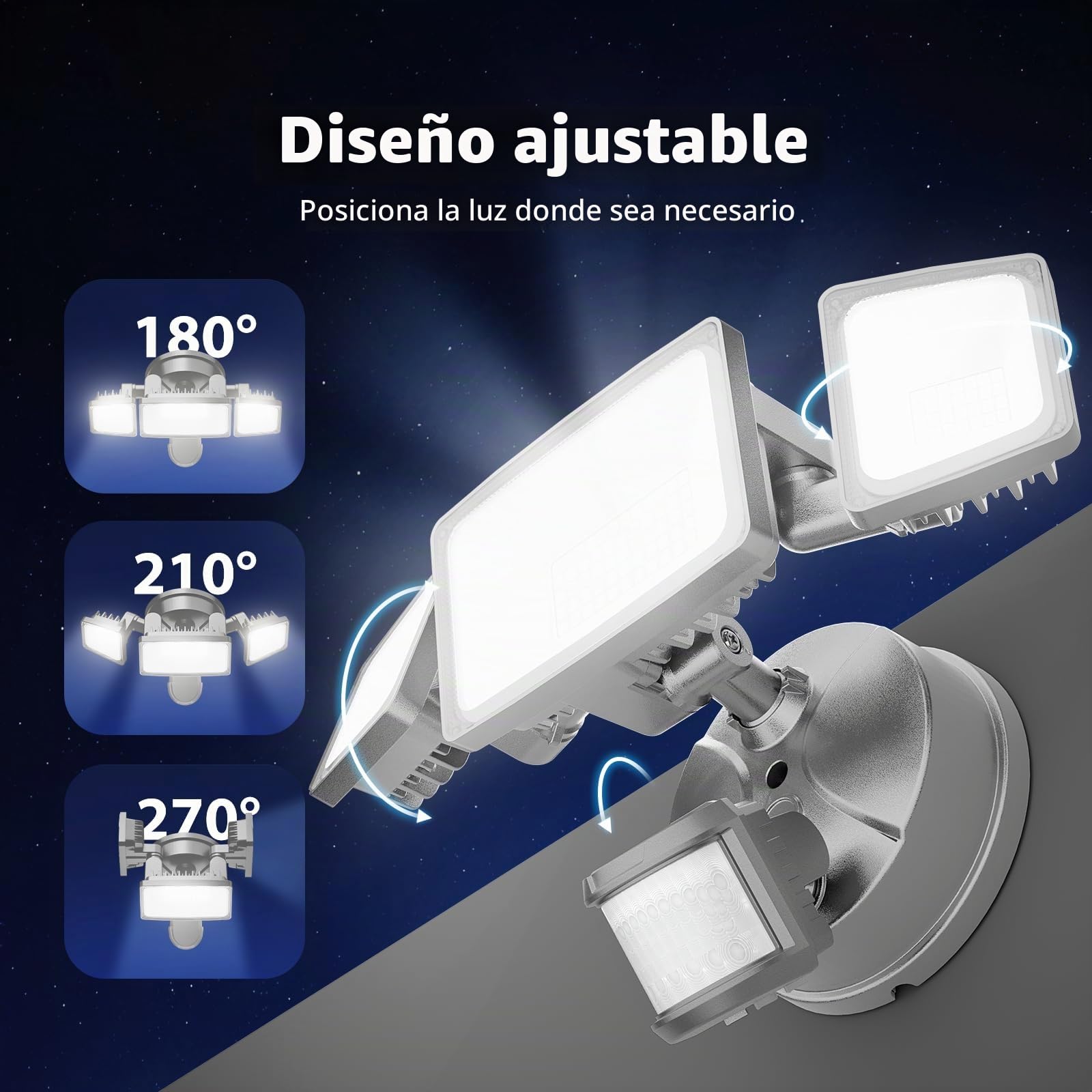 Onforu 55W Foco de Seguridad con Sensor de Movimiento, 3 Cabezas 5000 LM Foco Exterior LED, IP65 Impermeable Proyector Foco LED con Detector, 6500 K Blanco Frío para Jardín, Patio, Garaje, Entrada