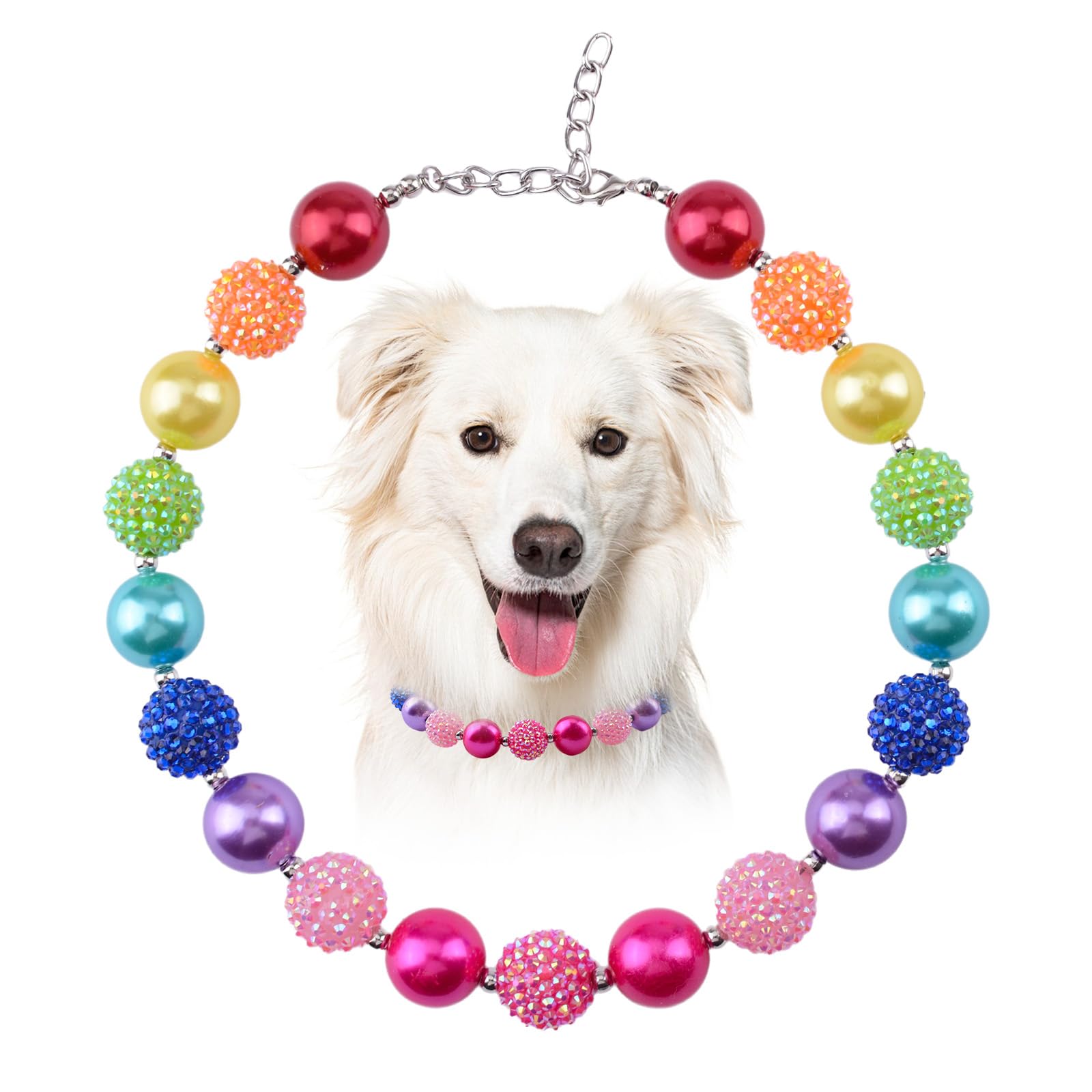 HACRAHO Handmade Rainbow Beaded Dog Collar,Candy Beads Handmade Fancy Dog Collar with Bell Necklace Jewelry Adjustable Pet Pearl Collar Pet Necklace Jewelry Accessories for Medium Large Dogs — image 1
