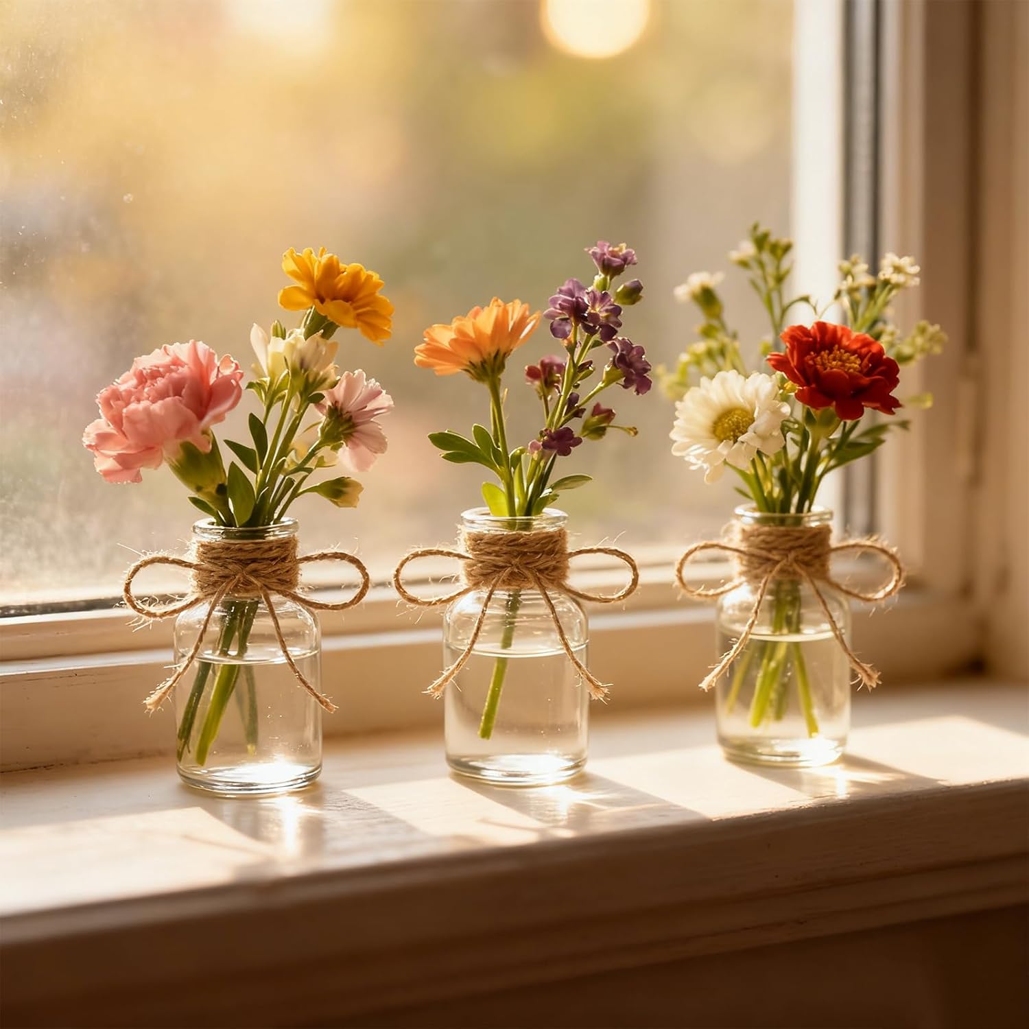 16 Pack Vintage Glass Vases for Flowers Vintage Small Clear Bud Vase for Centerpieces Farmhouse Flower Vases Mini Crystal Decorative Bottle with Hemp Rope Bows for Wedding Parties Home Decor - Image 5