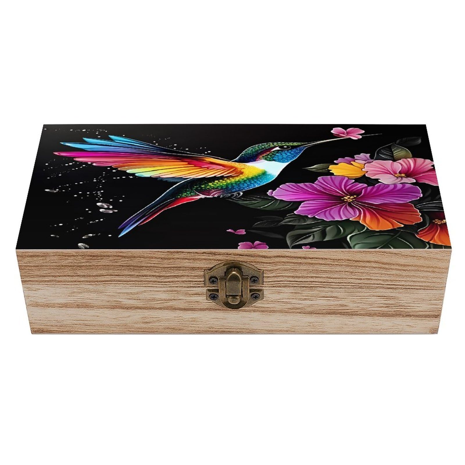 HLBSDM Colorful Hummingbird Flower Vintage Wooden Keepsake Box with Hinged Lid And Locking Clasp, Decorative Storage Box for Jewelry, Trinkets And Small Accessories, Organizer for Home Or Wedding