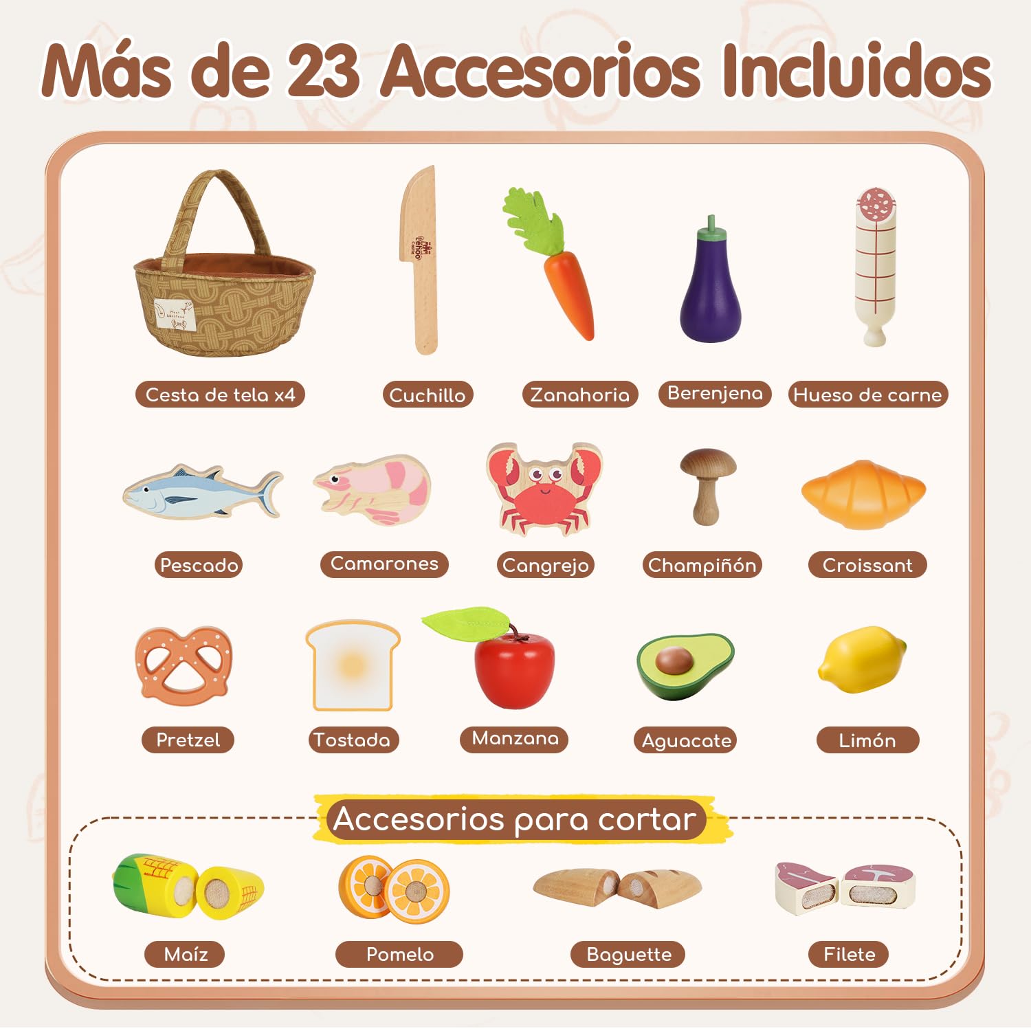 Lehoo Castle Juguetes de Madera, Comida Juguete, Comida Juguete Cocinita con Cuatro Cestas de Tela, Accesorios Cocina Juguetes, Utensilios Cocina Juguete para Niñas 3 4 5 6 7 Años