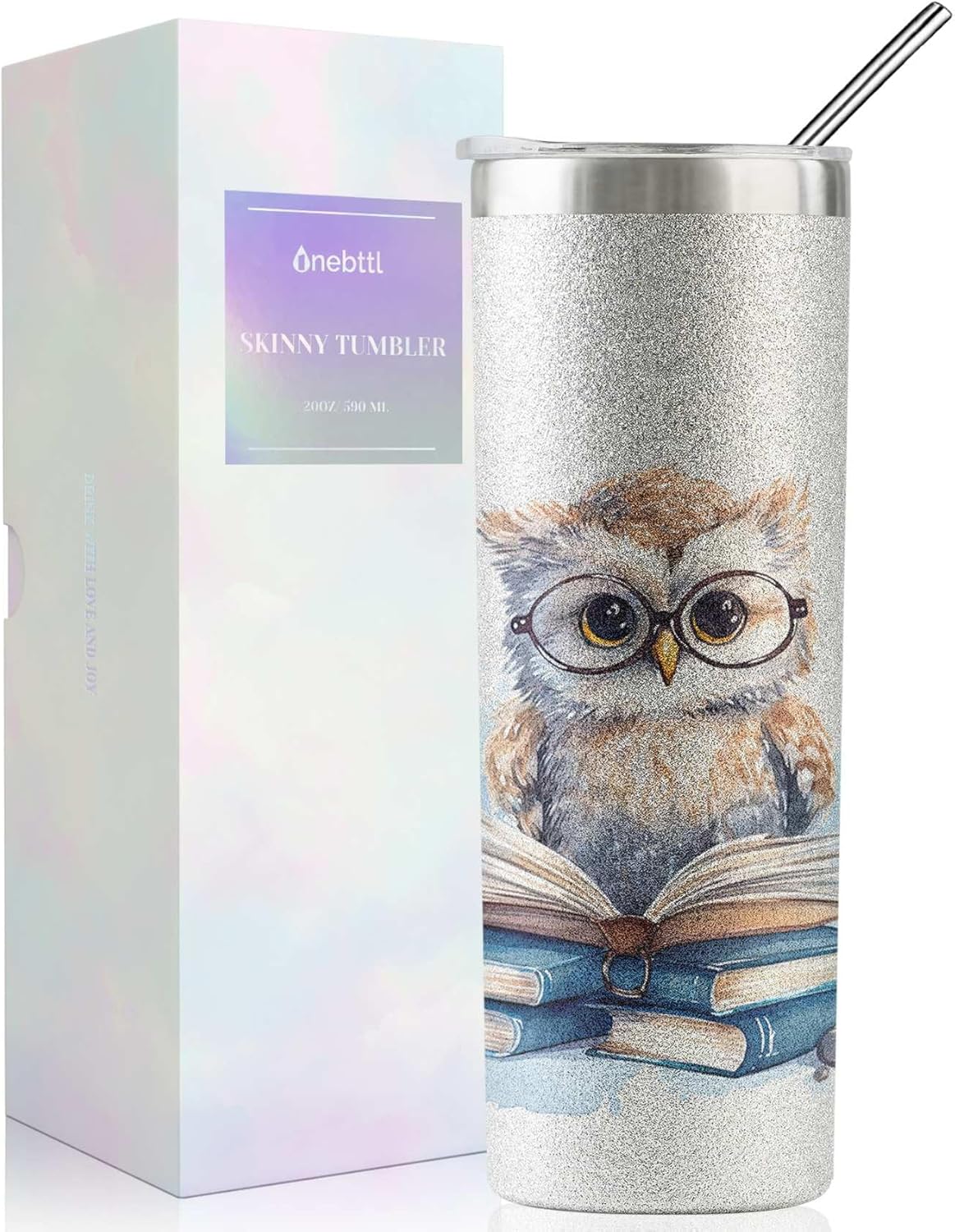 Onebttl Owl Gifts for Women - 20oz/590ml Stainless Steel Insulated Glitter Tumbler with Straw- Owl Glitter Skinny Tumbler for Owl Lovers on Birthday, Xmas - (Sliver)