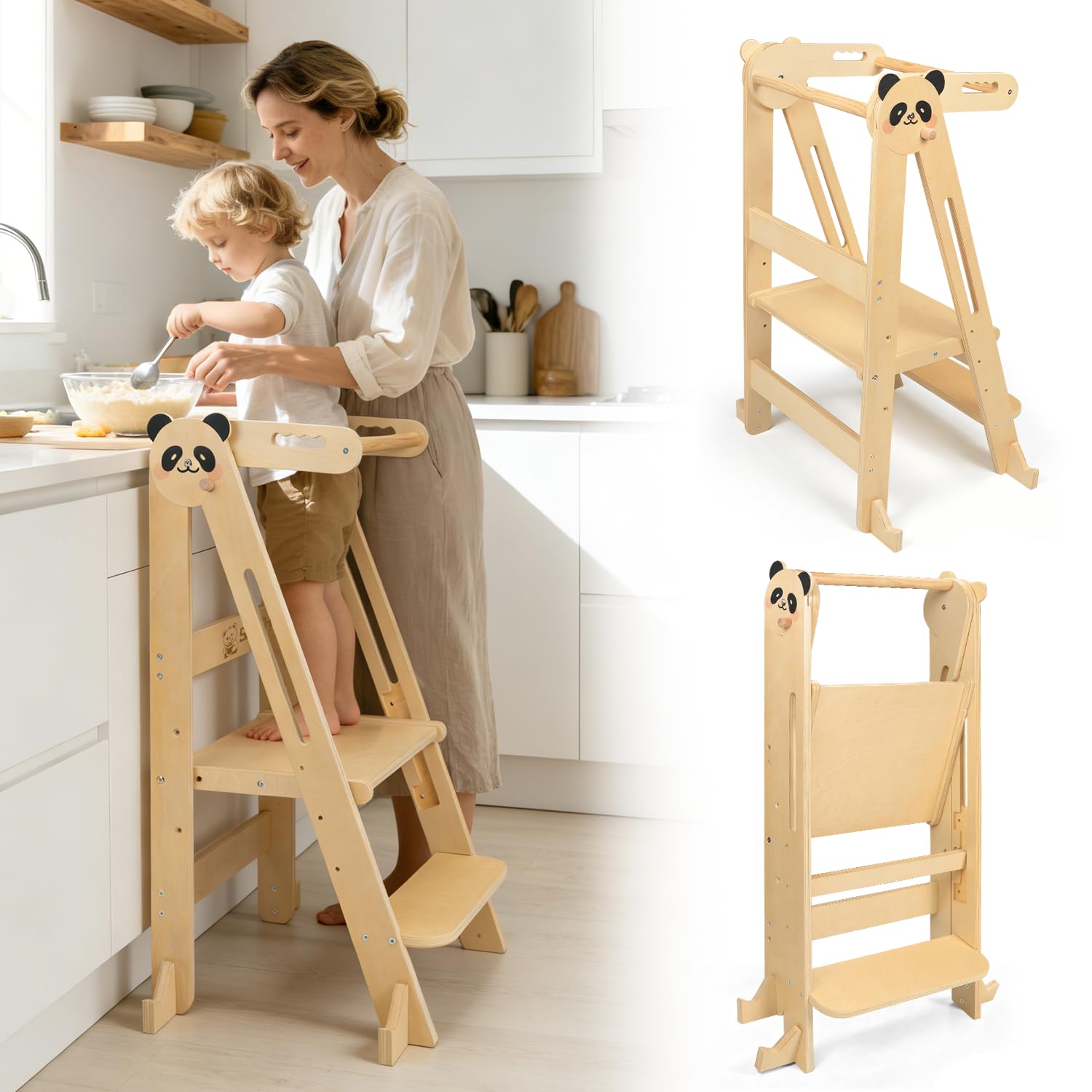 Montessori Tour d'Observation Pliable, Tabouret en Bois, Hauteur Réglable, Sécurité Anti-basculement 1 an+