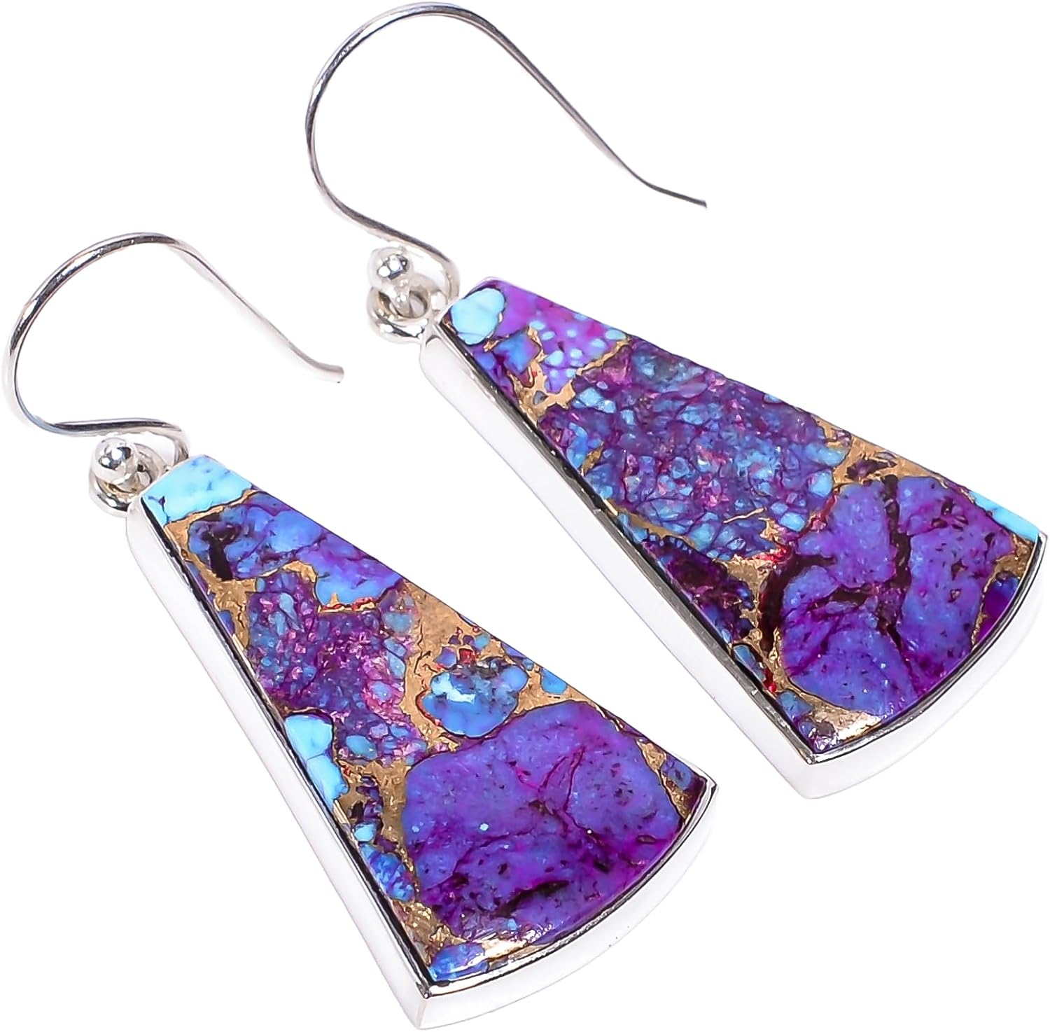 Natural Purple Copper Turquoise Gemstone Solid 925 Sterling Silver Handmade Purple Stone Dangle Earrings Jewelry for Women