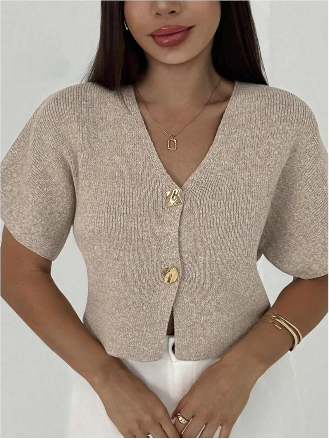 SOLY HUX Women's Plus Size Cardigan Sweaters Short Sleeve V Neck Button Down Knit Going Out Tops - Image 5