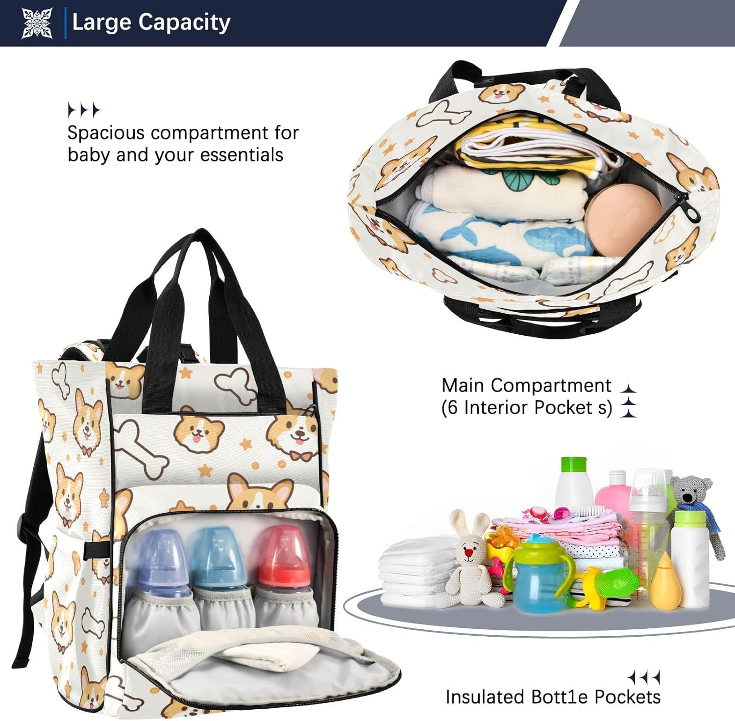 Corgi Dog Diaper Bag Backpack Waterproof Large Capacity Multifunctional Diaper Bags with Insulated Pockets and Stroller Straps Travel Backpack for Baby Girl/Boy