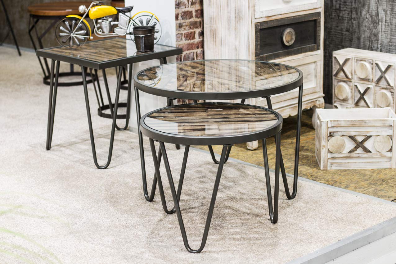 HAKU Tavolino in legno massello naturale, metallo antracite, vetro di sicurezza, tavolino da divano in legno - Dimensioni: L 50 x A 50 x P 50 cm Stile: Art Déco